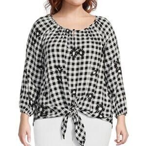 Allison Daley Gingham Floral Tie-Front Blouse Black White Size XL NWT